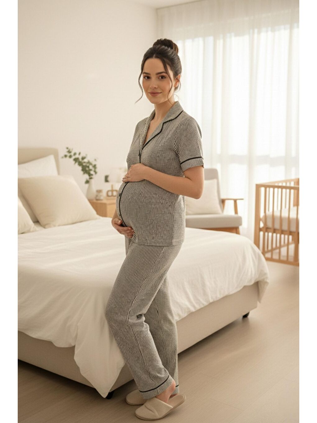 Siyah Pure Comfort Önden Düğmeli Gömlek Yaka Çizgili Kısa Kol Hamile ve Lohusa Pijama Takımı-1