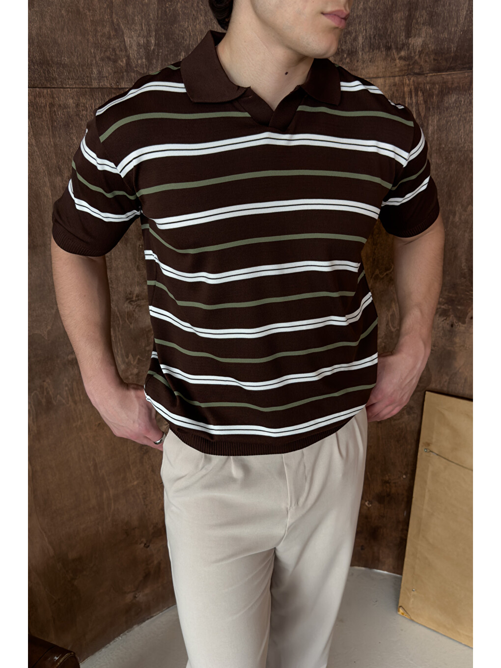 Kahverengi Erkek Polo Yaka Çizgili Triko T-shirt-1