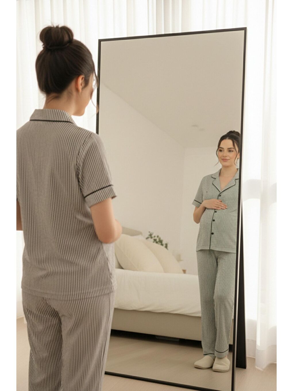 Siyah Pure Comfort Önden Düğmeli Gömlek Yaka Çizgili Kısa Kol Hamile ve Lohusa Pijama Takımı-2