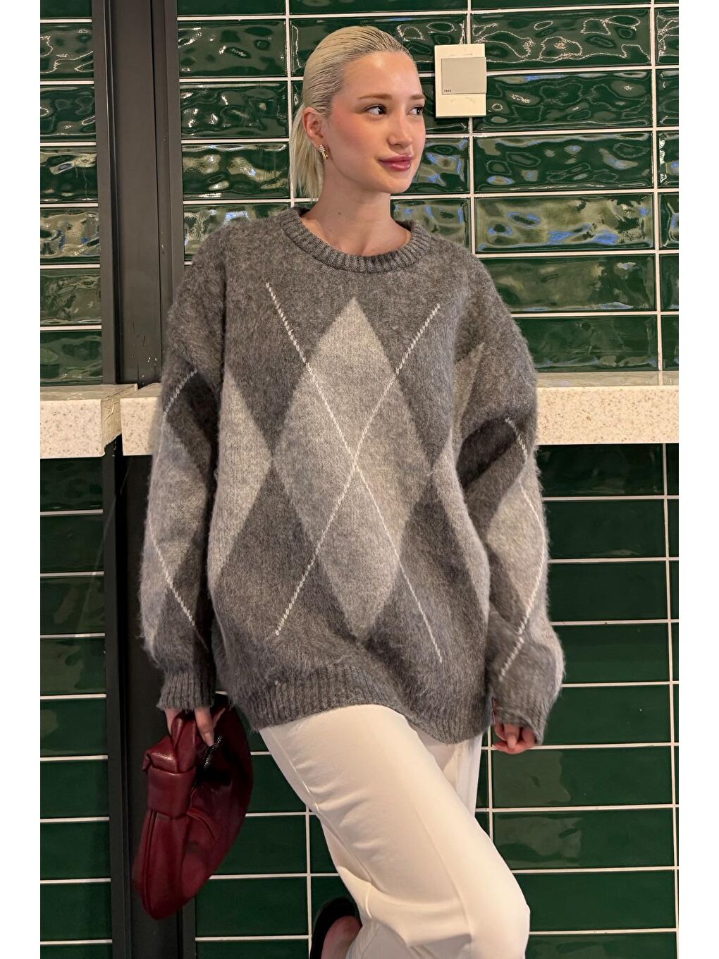 Koyu Gri Bisiklet Yaka Baklava Desen Kadın Kazak Mg2471-1