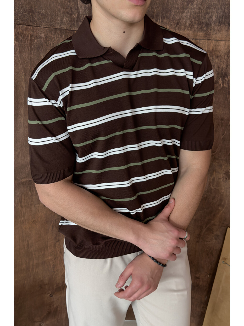 Kahverengi Erkek Polo Yaka Çizgili Triko T-shirt-2