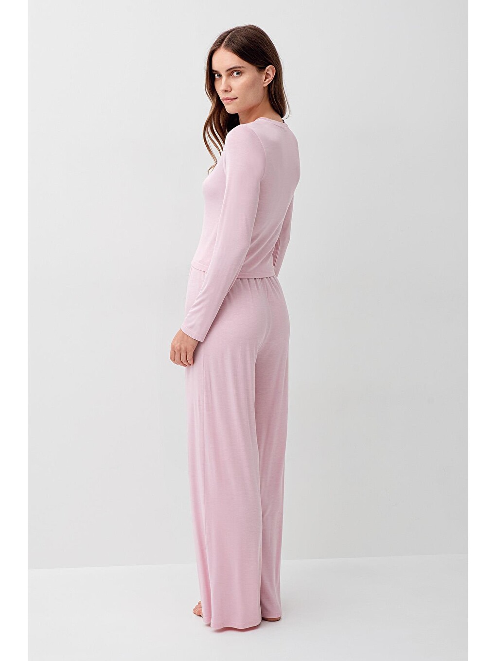 Pembe Uzun Kollu Crop Bol Paça Esnek Elastanlı Viskoz Soft Pijama Takım 18210-4