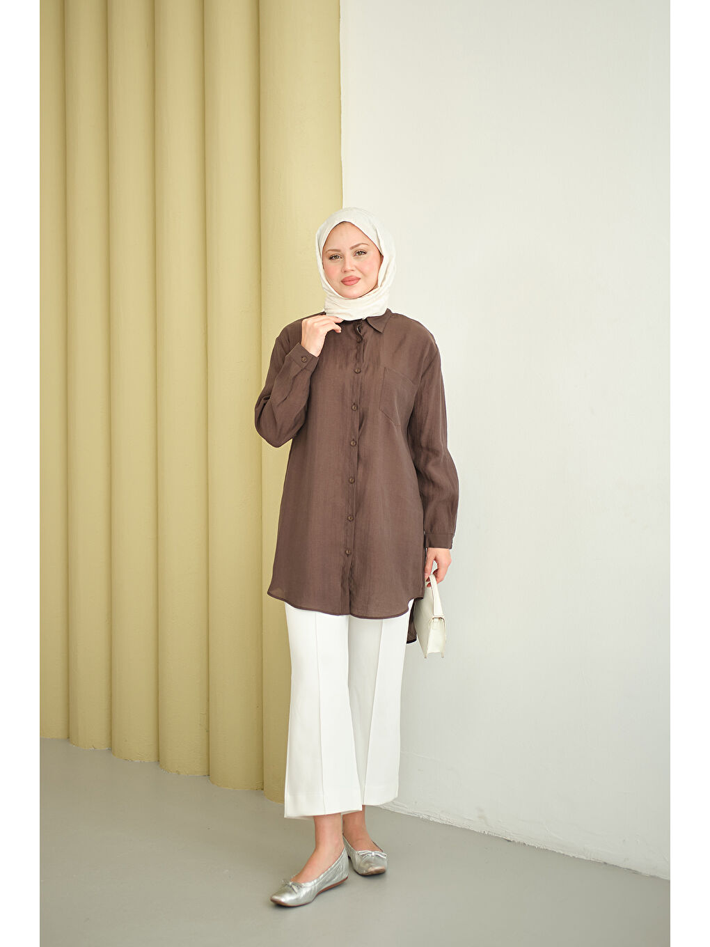 Kadın Basic Uzun Gömlek Kahverengi-1