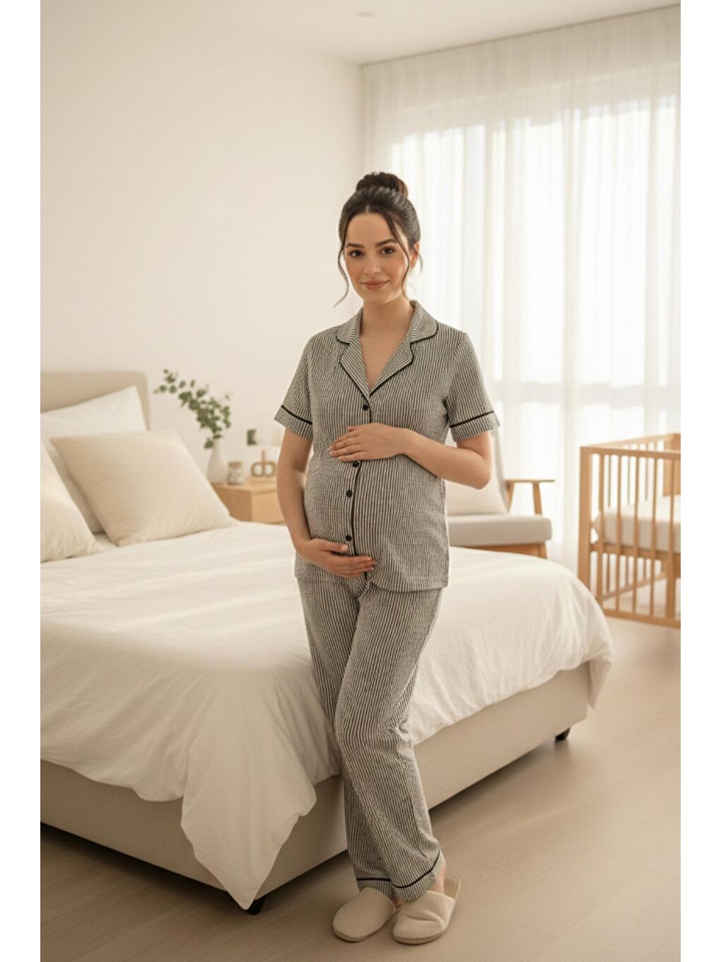Siyah Pure Comfort Önden Düğmeli Gömlek Yaka Çizgili Kısa Kol Hamile ve Lohusa Pijama Takımı-3