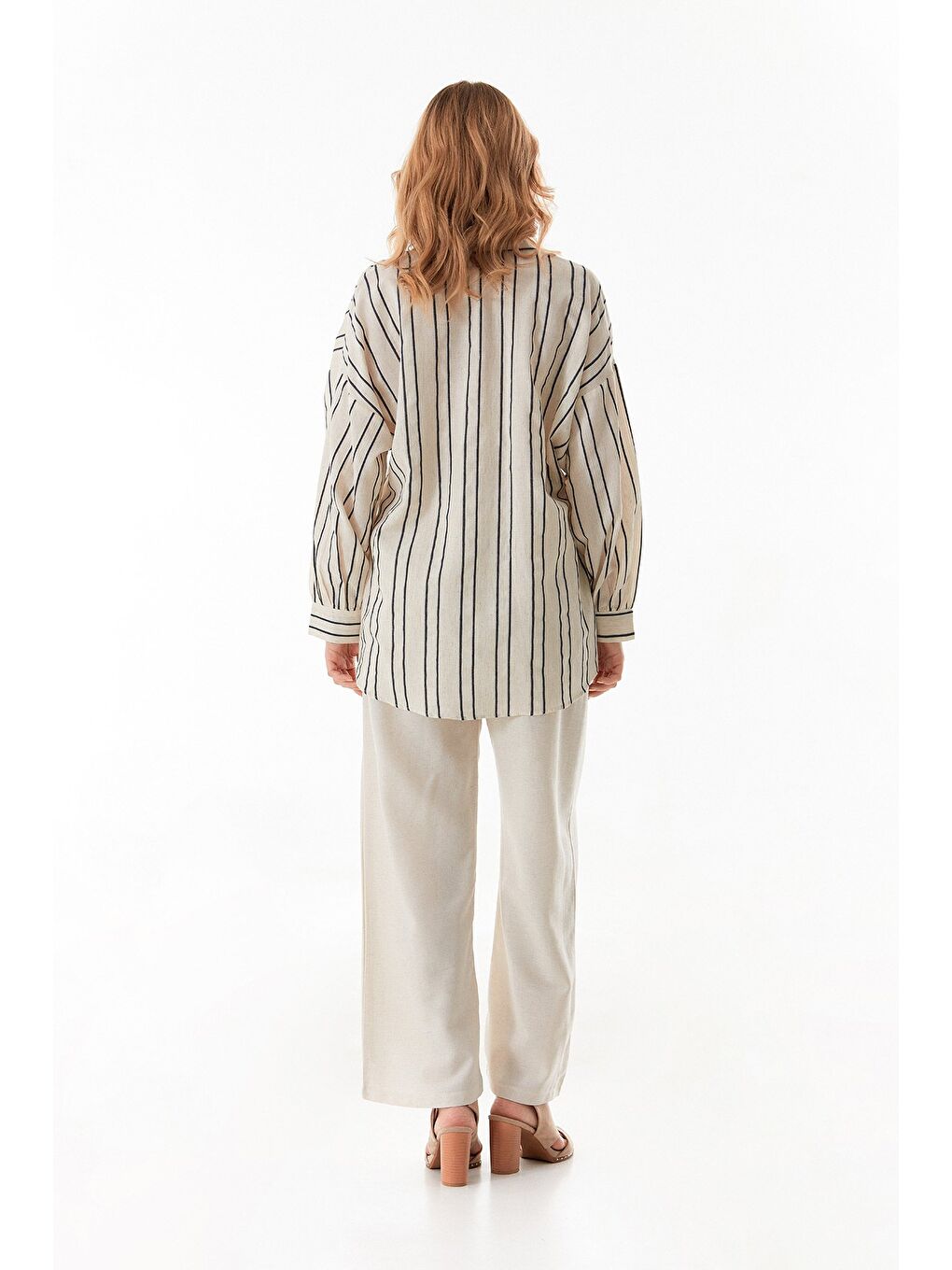 Antrasit Çizgili Çift Cepli Oversize Keten Gömlek-2