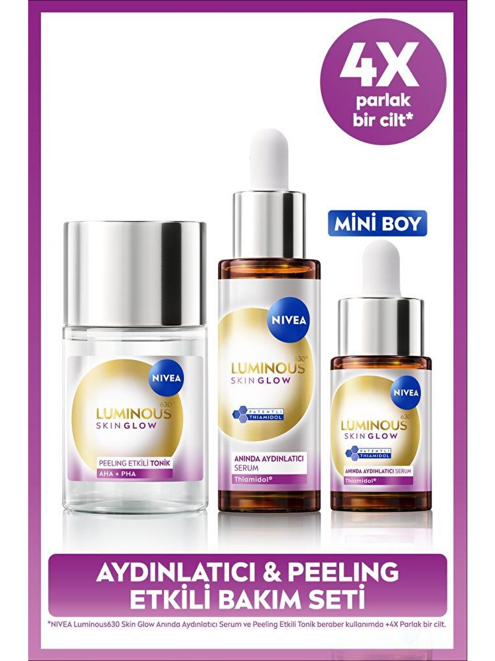 Luminous630 Skin Glow Anında Aydınlatıcı Serum Seti ve Peeling Etkili Tonik 100ml, Eşit Cilt Tonu