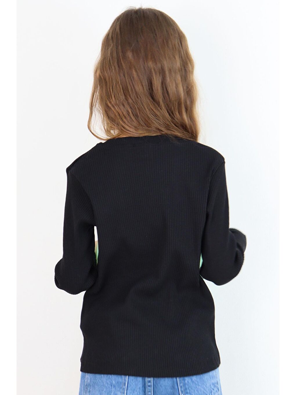 Kız Çocuk Uzun Kollu Tişört Kalp Armalı Fiyonklu Siyah (5-10 Yaş)-1