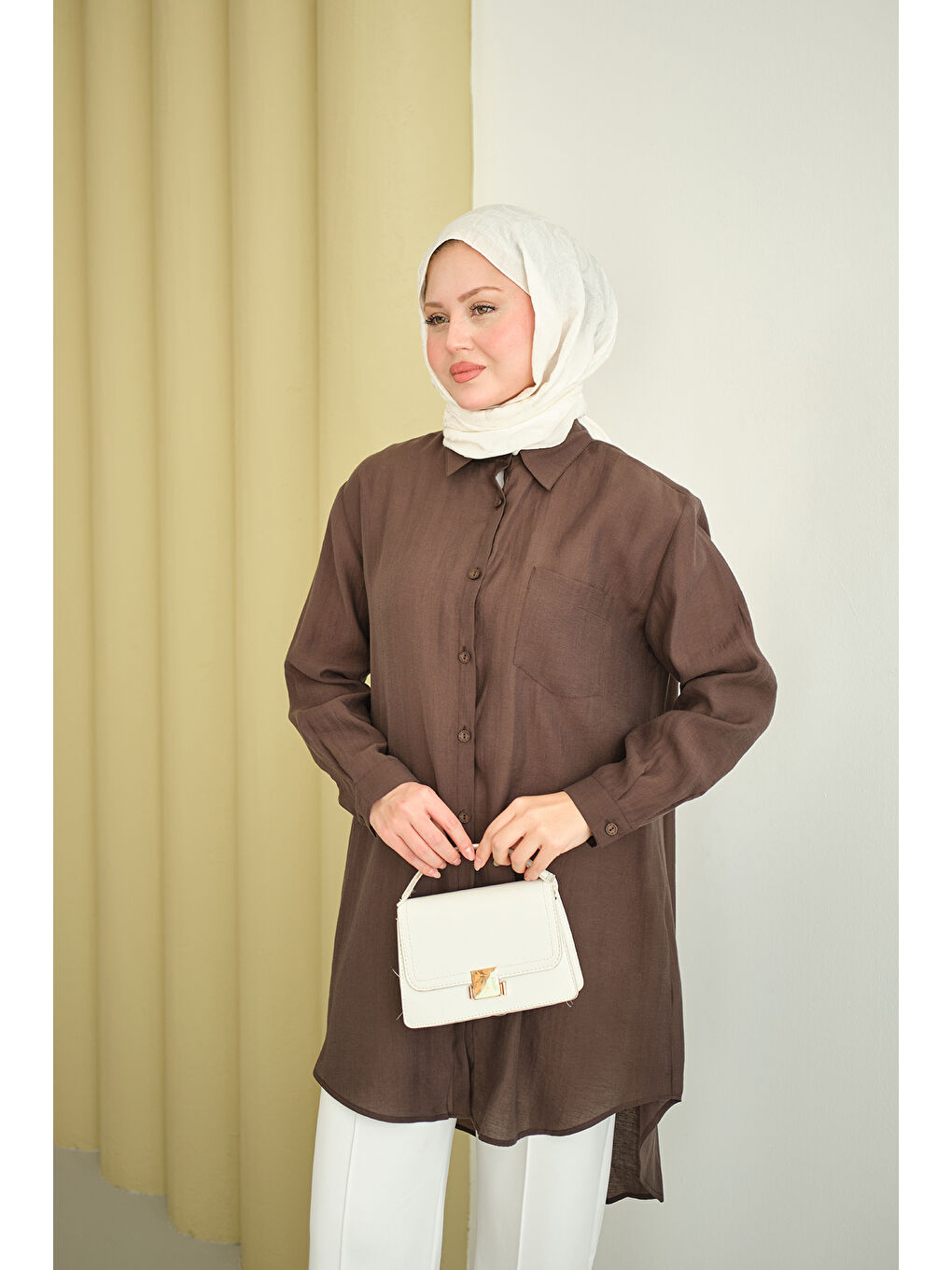 Kadın Basic Uzun Gömlek Kahverengi-2