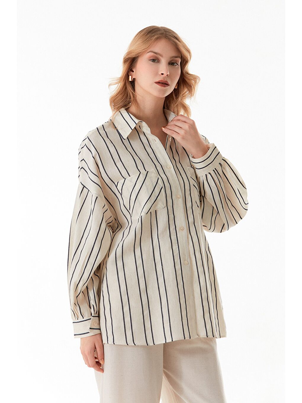 Antrasit Çizgili Çift Cepli Oversize Keten Gömlek-4