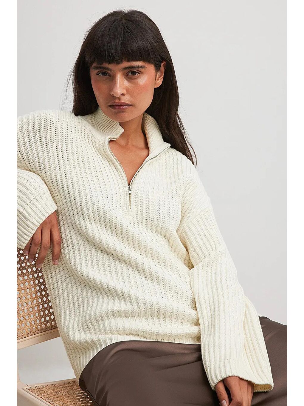 Beyaz Kemik Fermuar Yaka Basic Kazak Mg1960-4