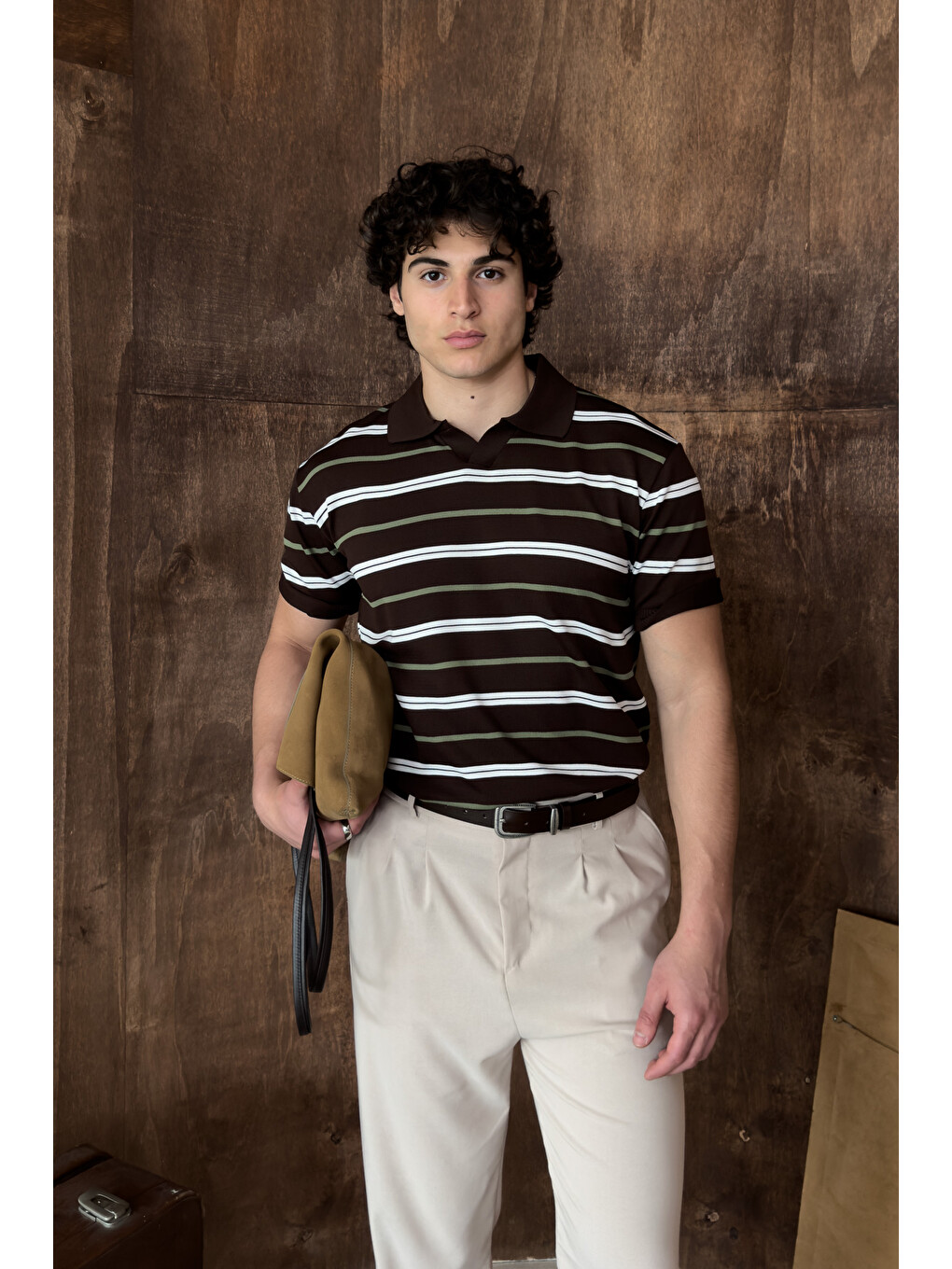 Kahverengi Erkek Polo Yaka Çizgili Triko T-shirt-3