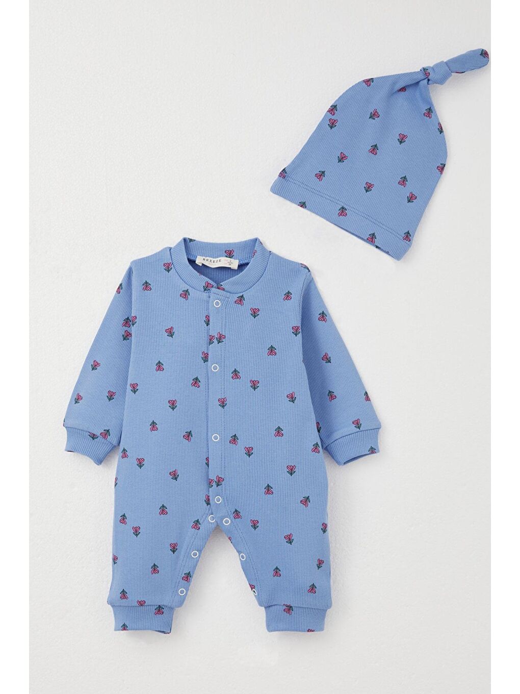 Kız Bebek Tulum Çiçek Desenli Mavi (0-6 Ay)