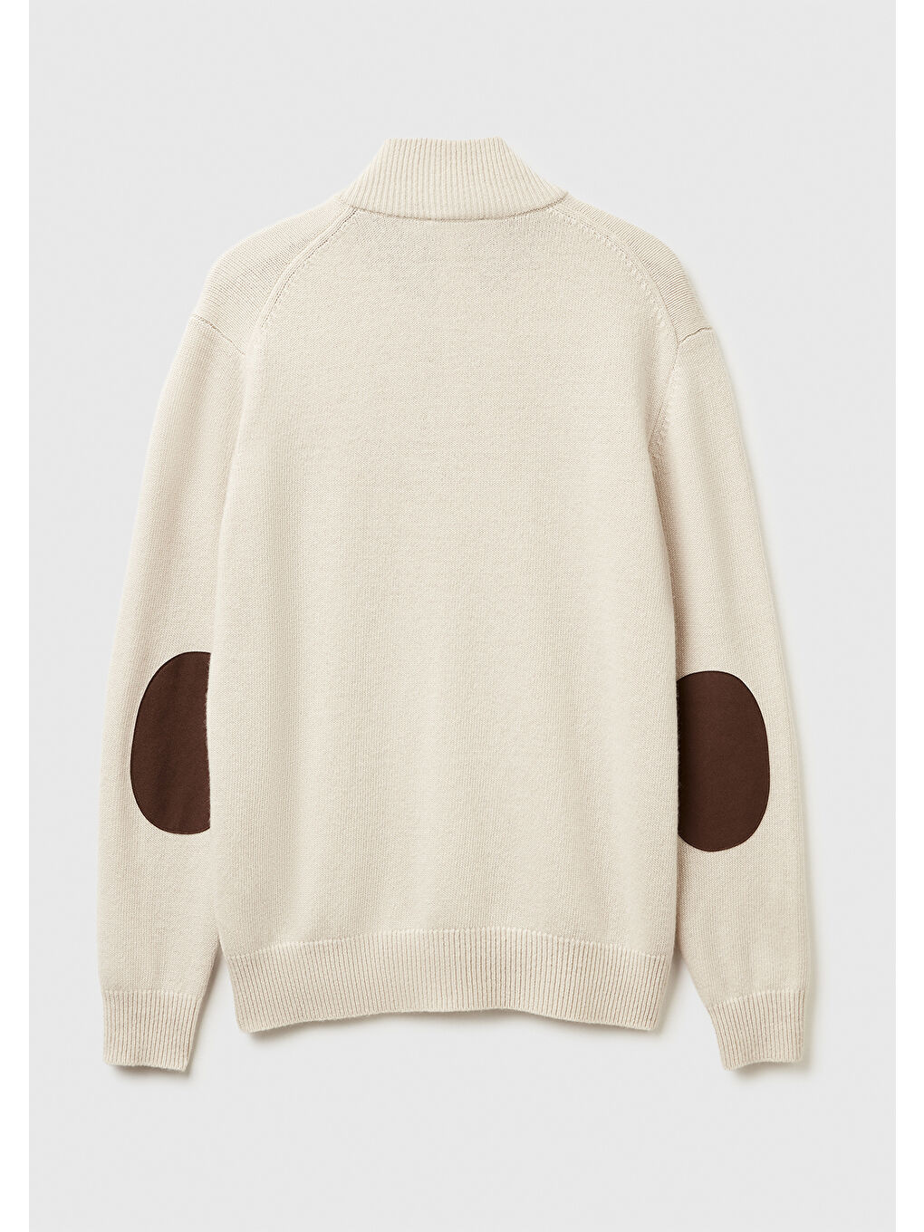 Ekru Erkek Krem Yün Karışımlı Dik Yaka Yarım Fermuarlı Dirsek Yamalı Triko-3