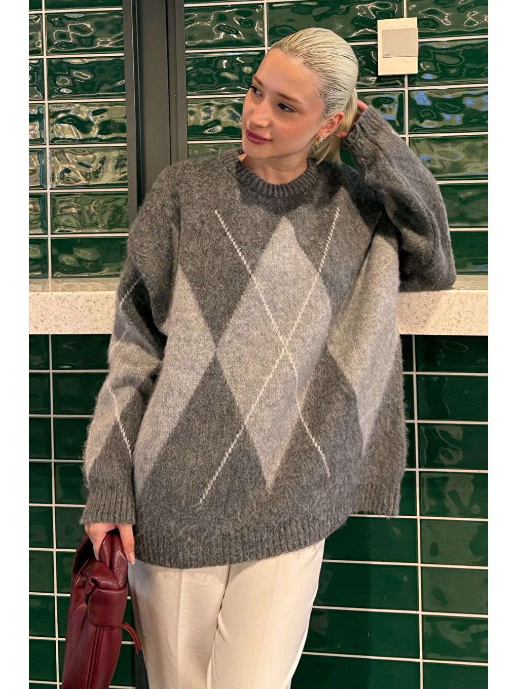 Koyu Gri Bisiklet Yaka Baklava Desen Kadın Kazak Mg2471-2