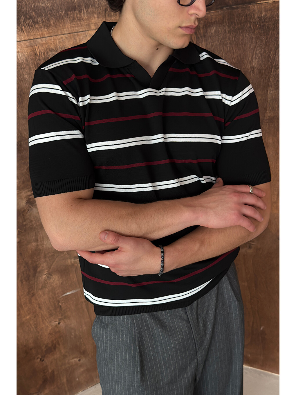 Siyah Erkek Polo Yaka Çizgili Triko T-shirt-1
