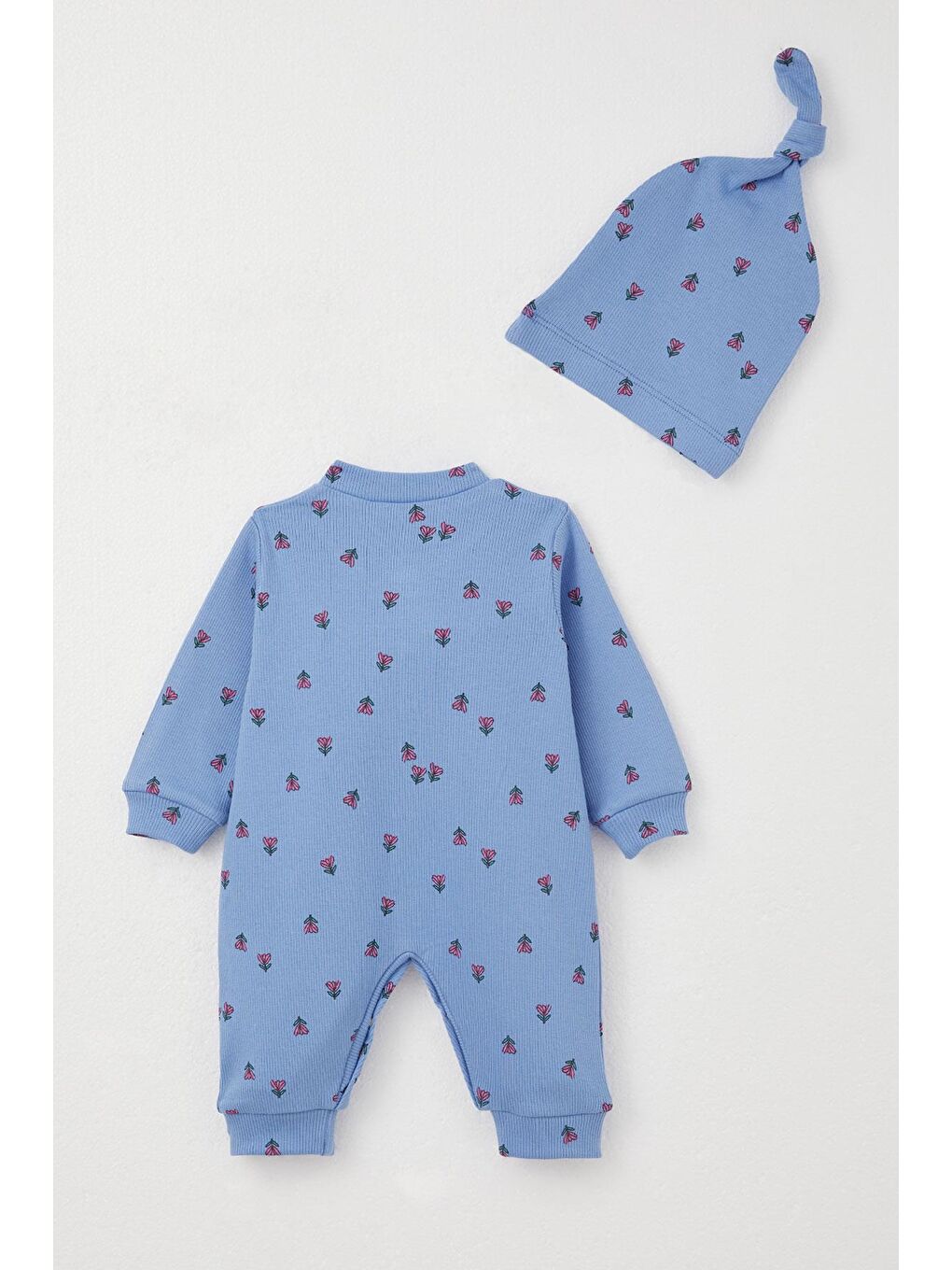 Kız Bebek Tulum Çiçek Desenli Mavi (0-6 Ay)-1