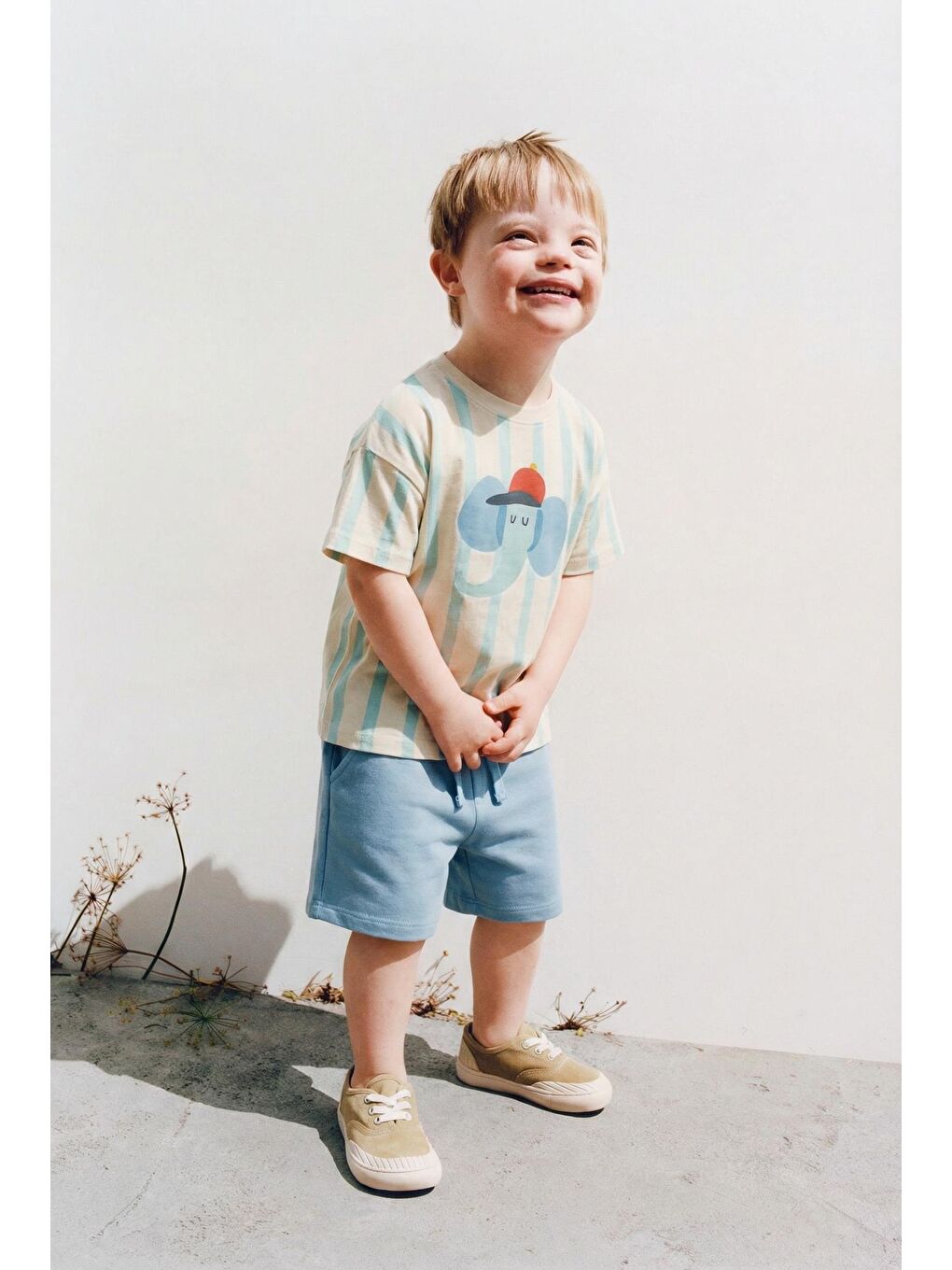 Karışık Erkek Çocuk Pamuklu Bej Çizgili Fil Baskılı T-Shirt Şort Takım - Bağcıklı Rahat Set