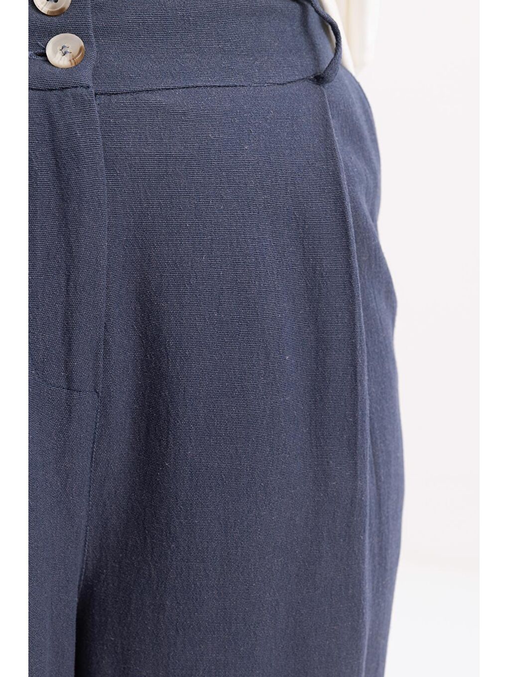 İndigo-Pileli Geniş Paça Keten Pantolon-3