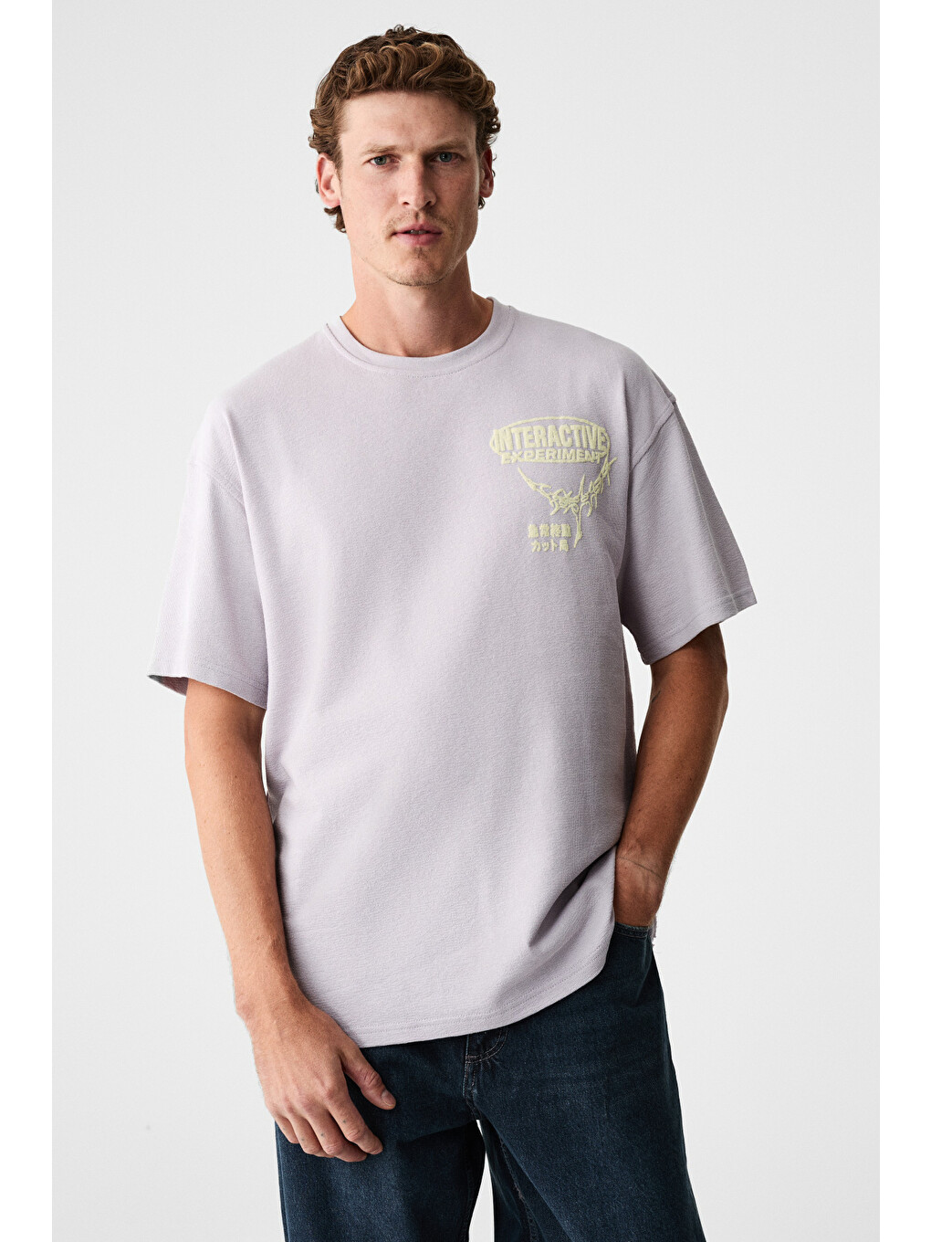 Lorenno Erkek Göğüs Baskılı %100 Organik Pamuklu Bisiklet Yaka Lila T-shirt-1