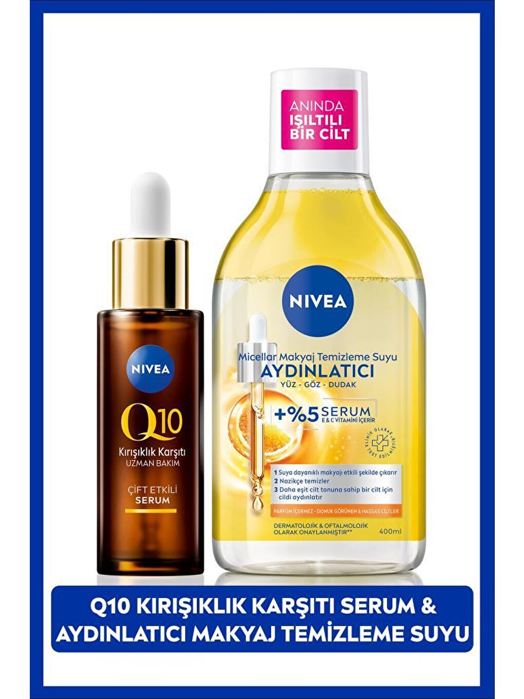 NIVEA Şeffaf Q10 Kırışıklık Karşıtı Çift Etkili Cilt Serum 30ml, Aydınlatıcı Micellar Makyaj Temizleme Suyu 400ml