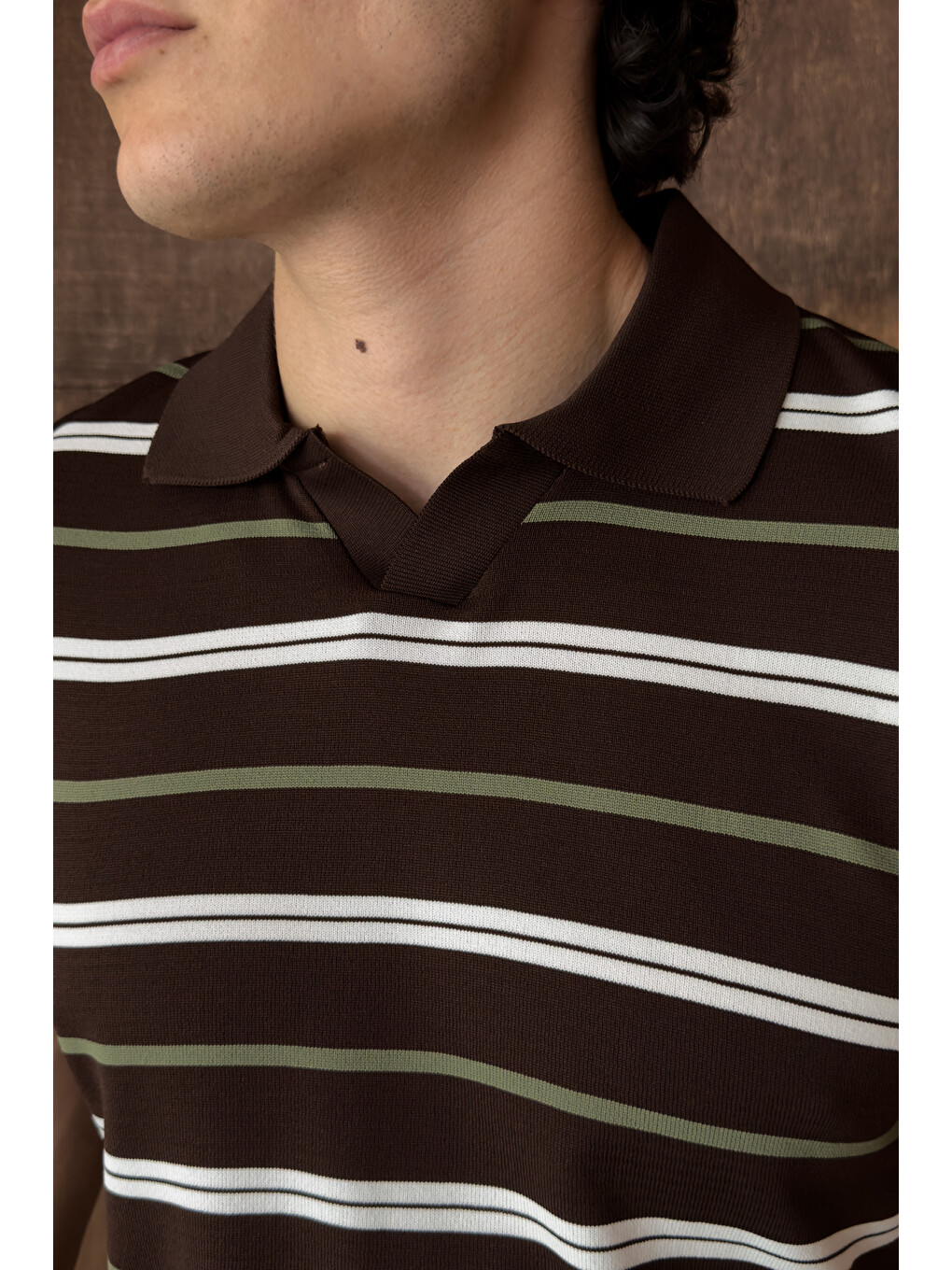 Kahverengi Erkek Polo Yaka Çizgili Triko T-shirt-5