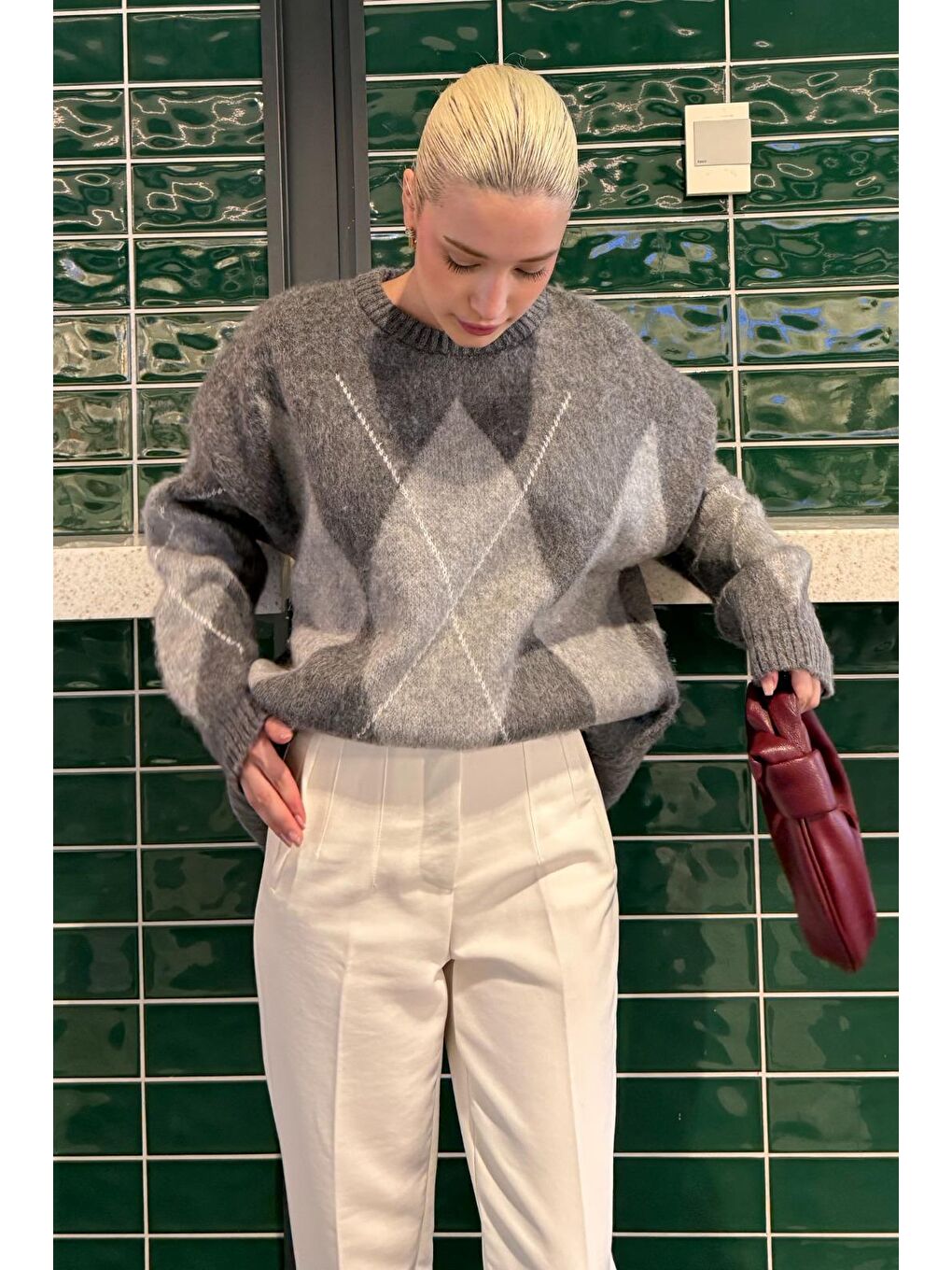 Koyu Gri Bisiklet Yaka Baklava Desen Kadın Kazak Mg2471-3