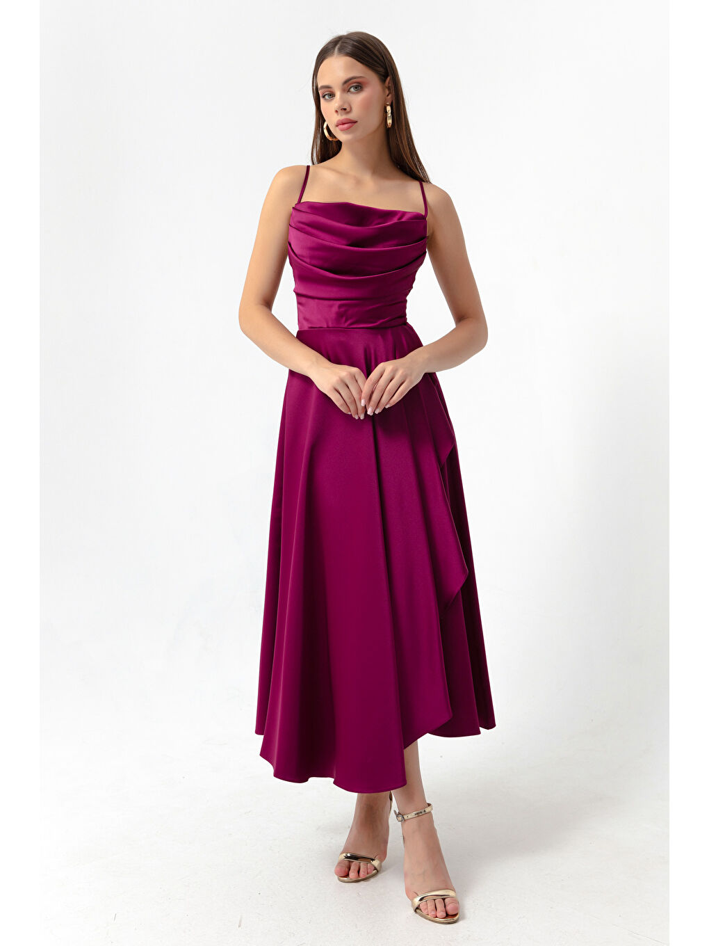 Kadın Mürdüm Volanlı Yırtmaçlı Saten Midi Boy Abiye & Mezuniyet Elbisesi-1