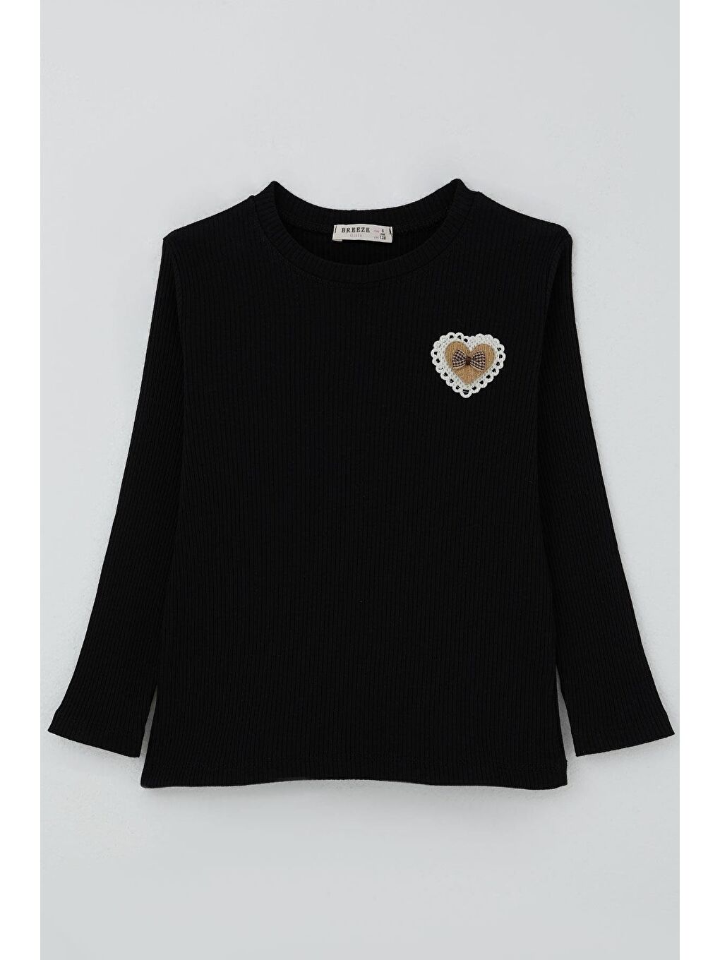 Kız Çocuk Uzun Kollu Tişört Kalp Armalı Fiyonklu Siyah (5-10 Yaş)-4