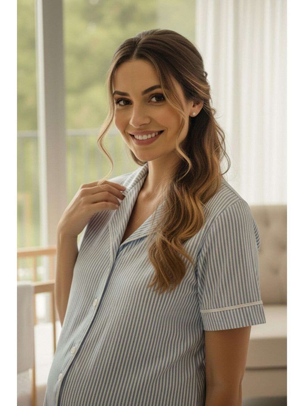 Mavi Pure Comfort Önden Düğmeli Gömlek Yaka Çizgili Kısa Kol Hamile ve Lohusa Pijama Takımı-1