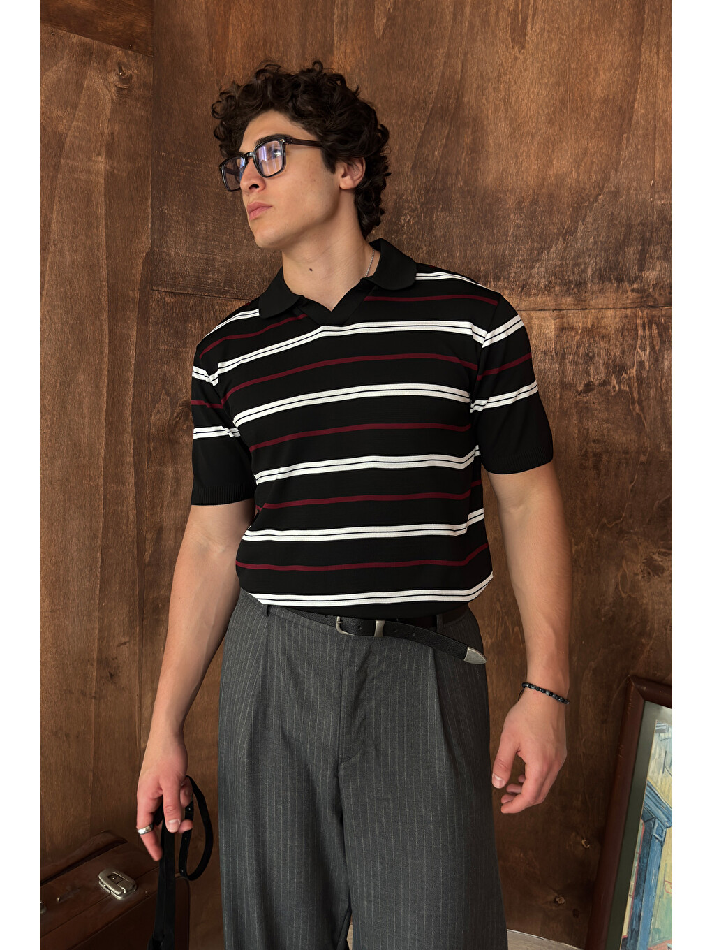 Siyah Erkek Polo Yaka Çizgili Triko T-shirt-2