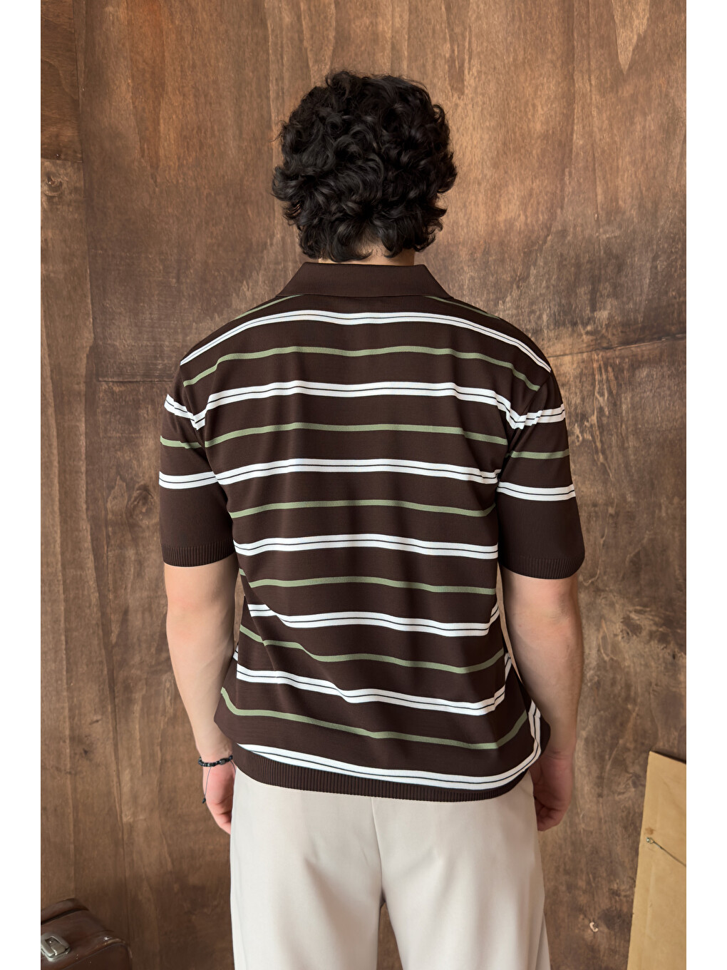Kahverengi Erkek Polo Yaka Çizgili Triko T-shirt-6