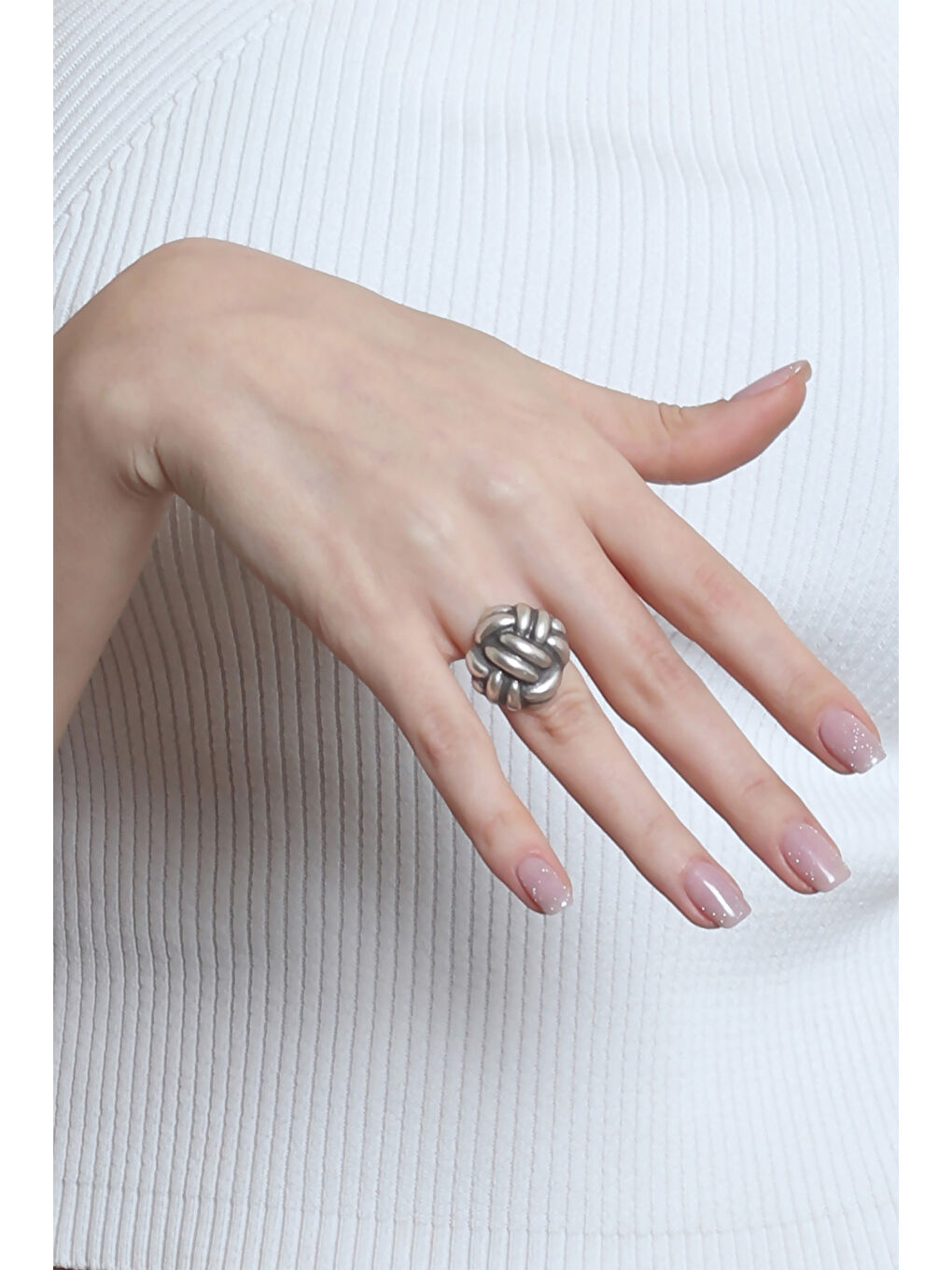 Gri Kadın Antik Gümüş Kaplama Ayarlanabilir İki Telli Halat Düğüm Dokulu Yüzük-1