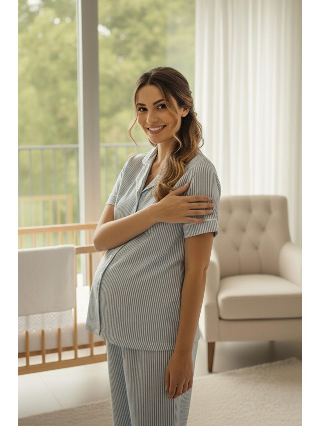 Mavi Pure Comfort Önden Düğmeli Gömlek Yaka Çizgili Kısa Kol Hamile ve Lohusa Pijama Takımı-2