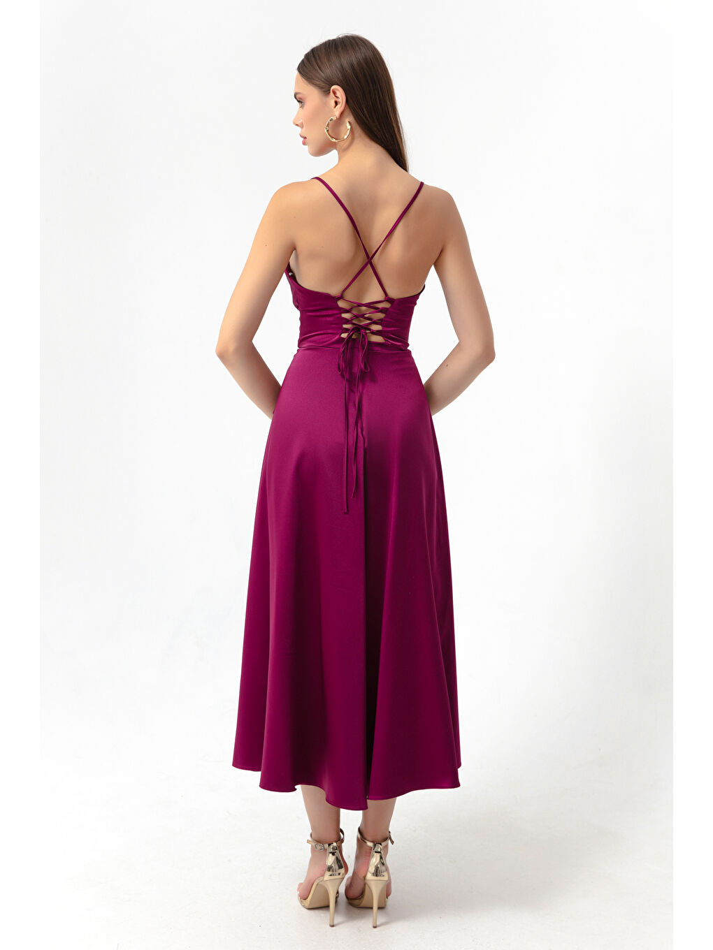 Kadın Mürdüm Volanlı Yırtmaçlı Saten Midi Boy Abiye & Mezuniyet Elbisesi-4