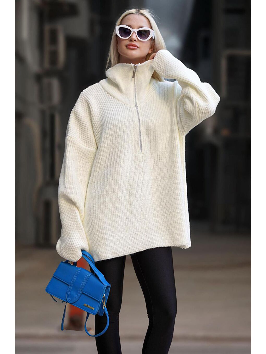 Beyaz Kemik Fermuar Yaka Oversize Kazak Mg1946-1