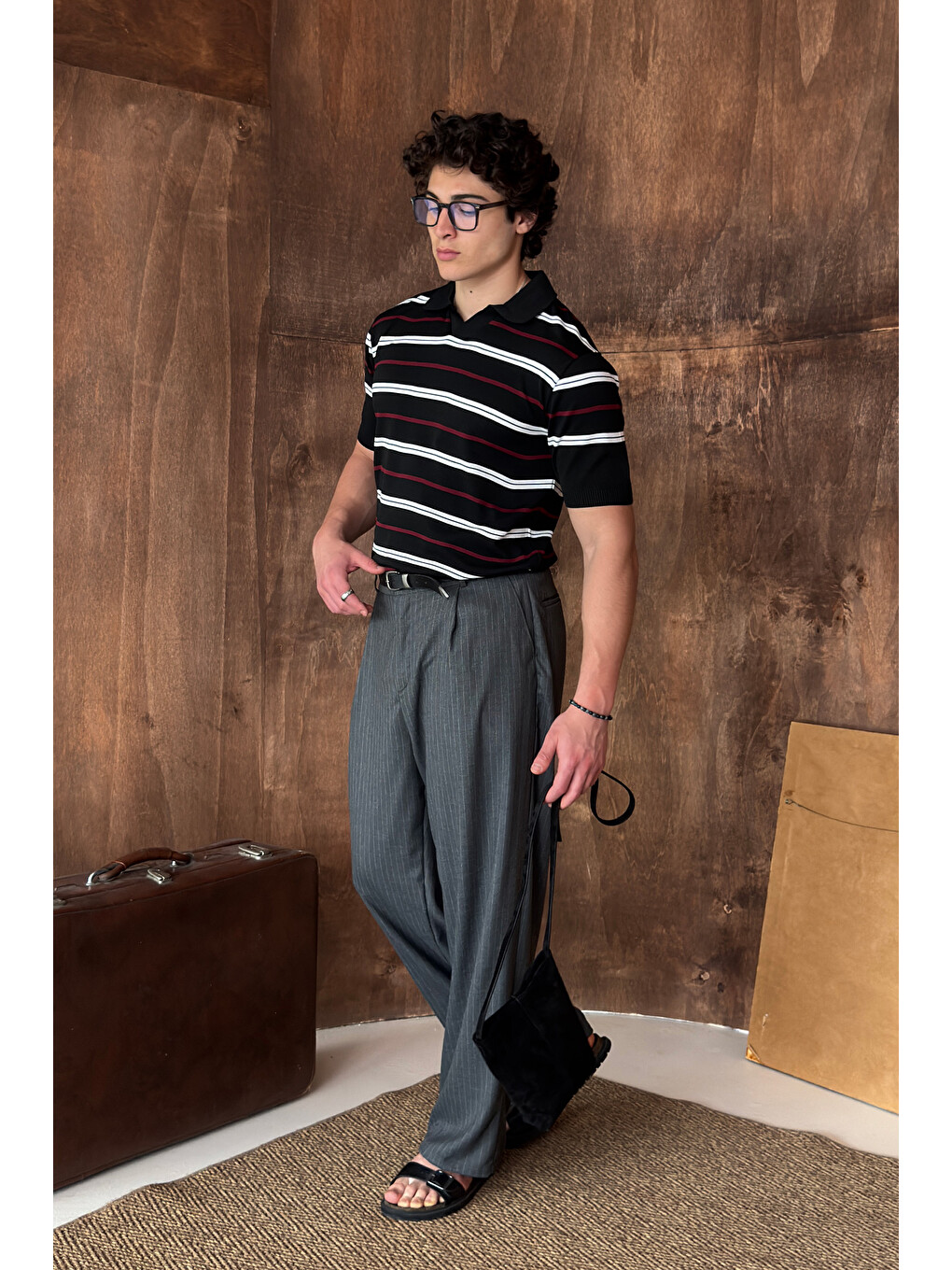 Siyah Erkek Polo Yaka Çizgili Triko T-shirt-4