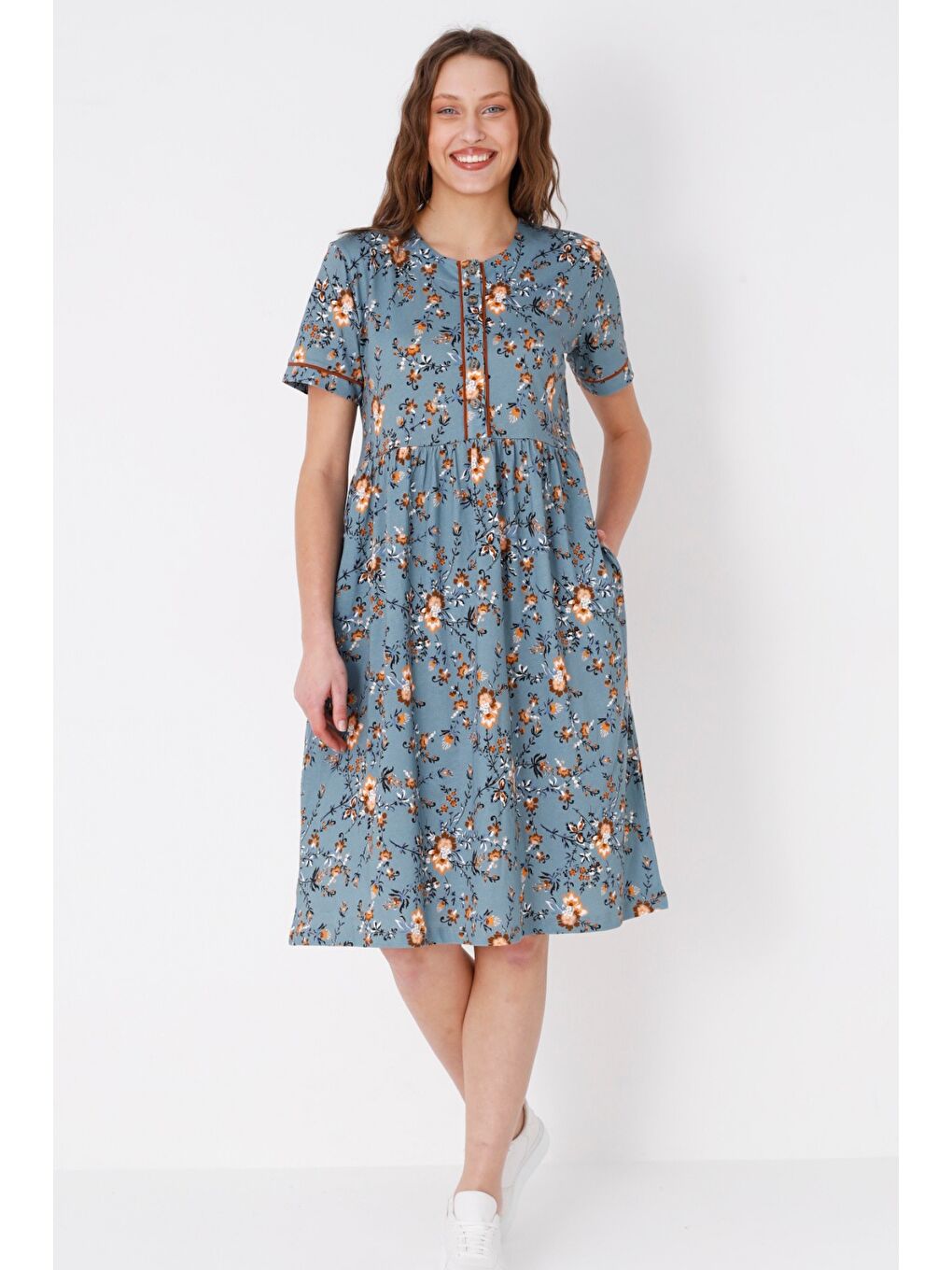 Mavi Desenli Biyeli Cepli Düğmeli Kısa Kollu Pamuklu Elbise
