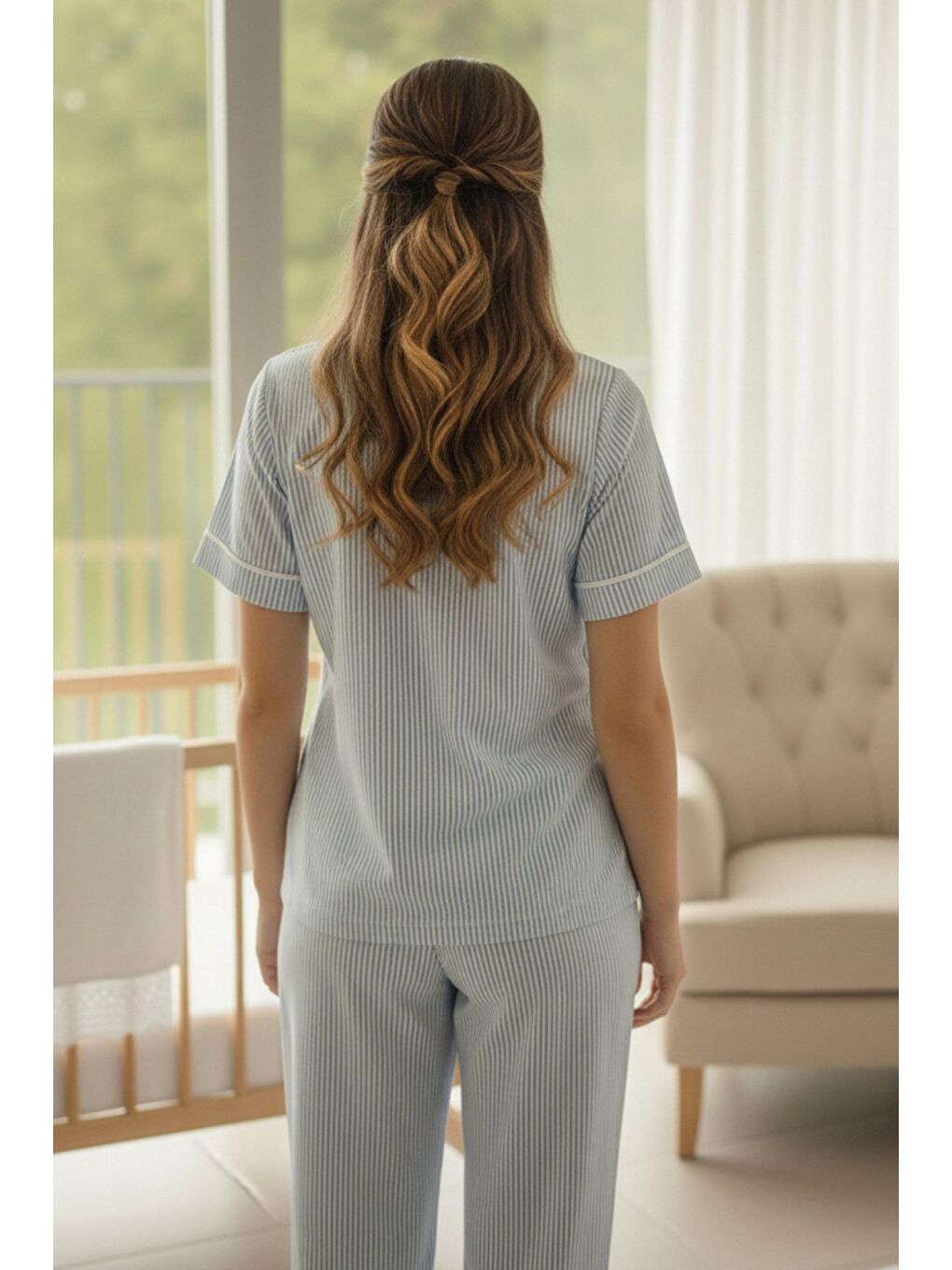 Mavi Pure Comfort Önden Düğmeli Gömlek Yaka Çizgili Kısa Kol Hamile ve Lohusa Pijama Takımı-3
