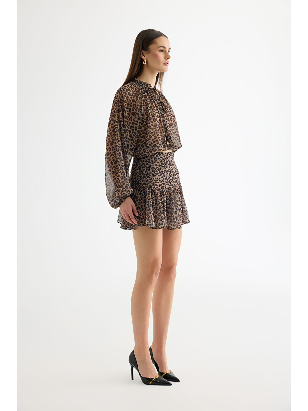 Leopar Desenli Fırfırlı Şifon Mini Etek Kahverengi-3
