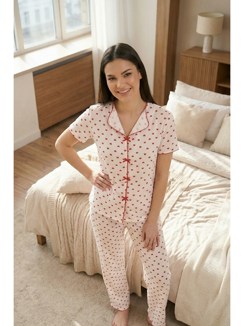 Beyaz Fiyonk Detay Yumuşak Kısa Kol Pijama Takım Kalp-3