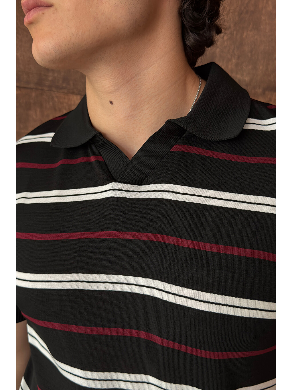 Siyah Erkek Polo Yaka Çizgili Triko T-shirt-5