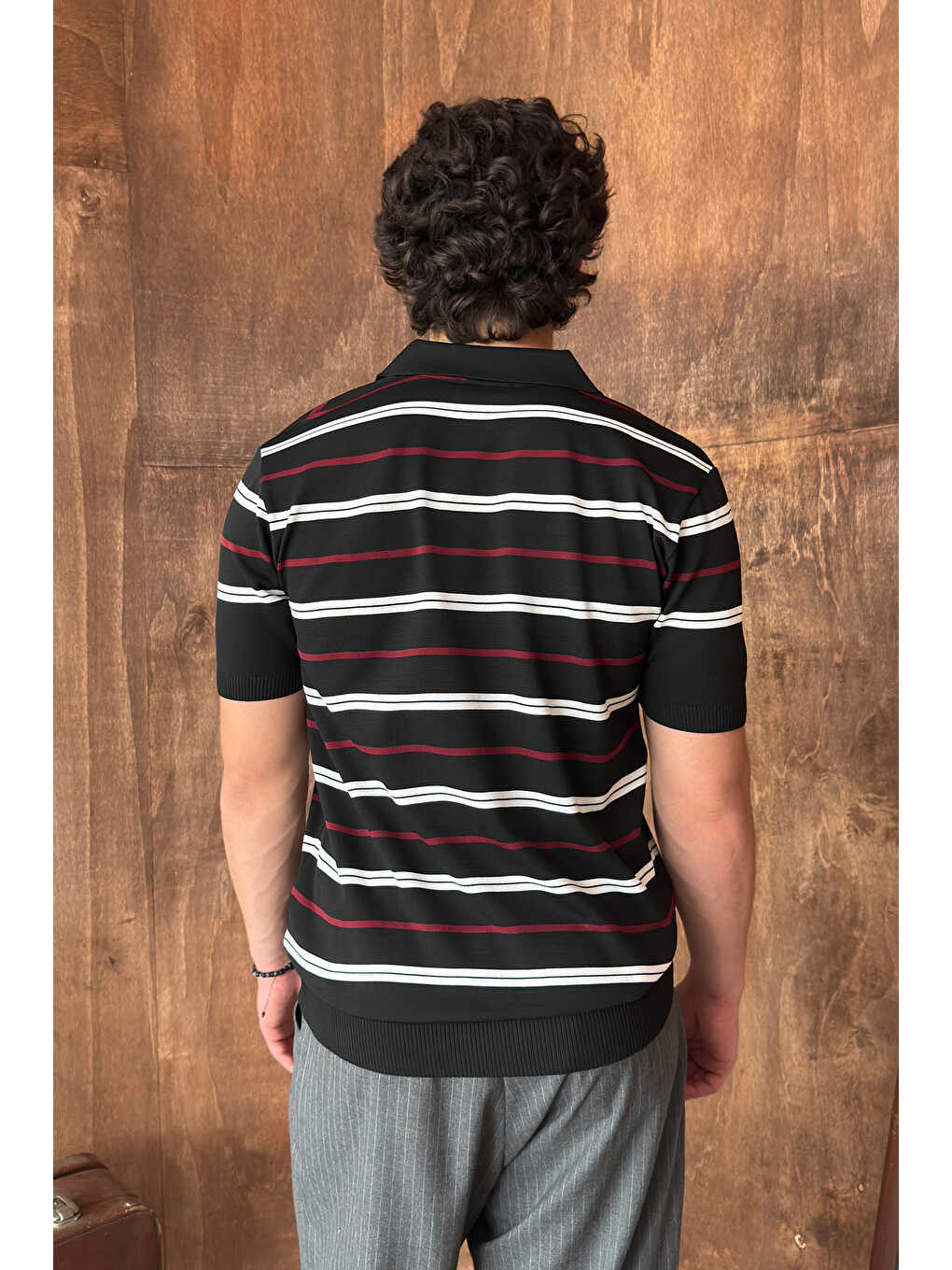 Siyah Erkek Polo Yaka Çizgili Triko T-shirt-6