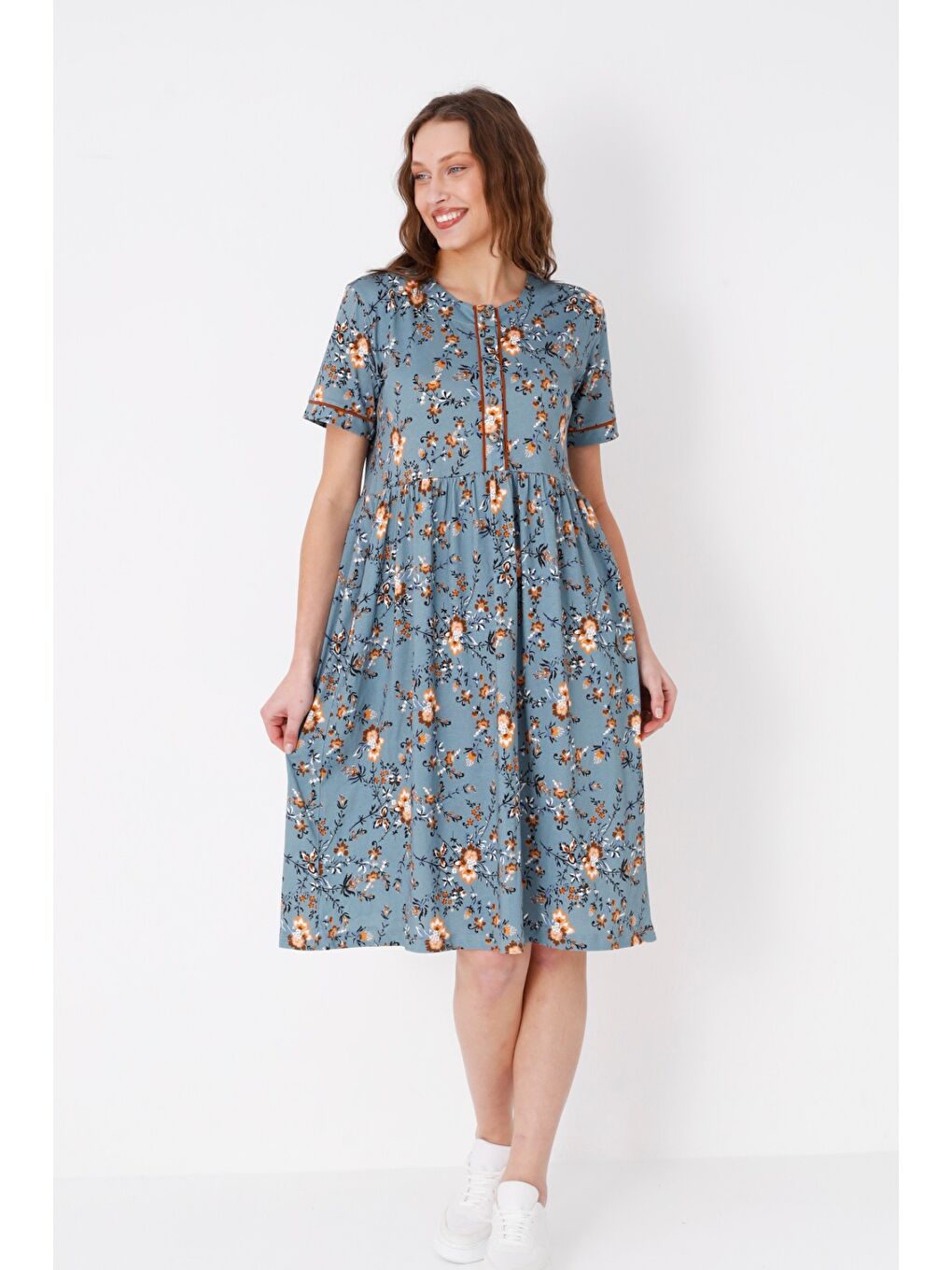 Mavi Desenli Biyeli Cepli Düğmeli Kısa Kollu Pamuklu Elbise-1