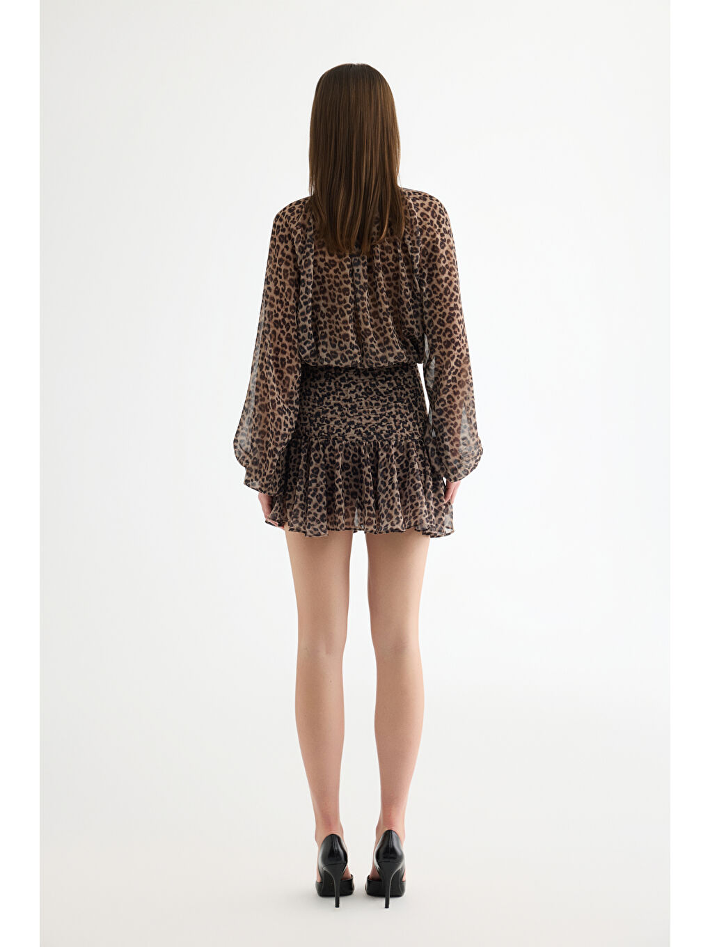 Leopar Desenli Fırfırlı Şifon Mini Etek Kahverengi-4