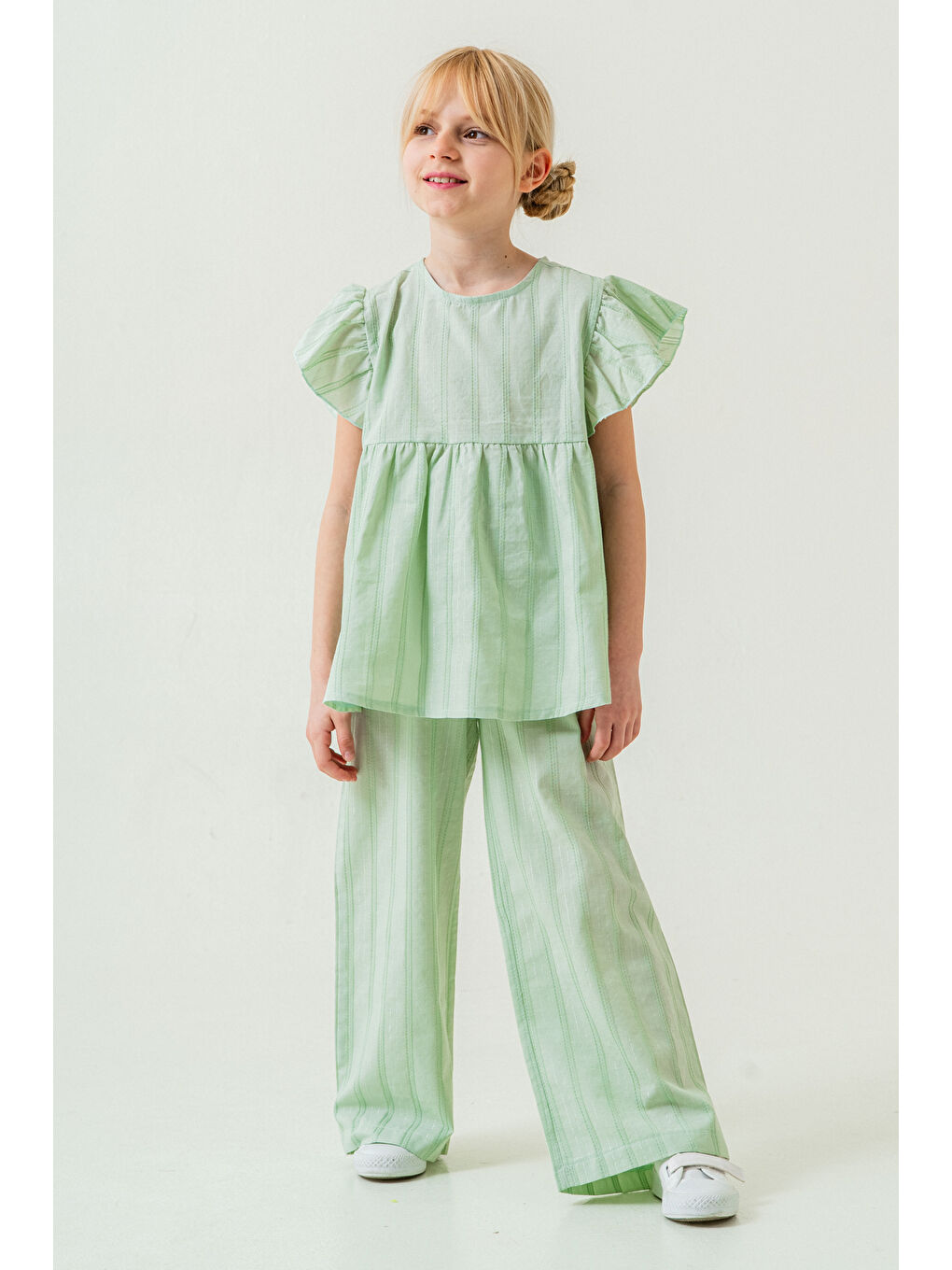 Kız Çocuk Rahat Kesim Simli Çizgili Alt Üst Takım 5-9 Yaş Yeşil