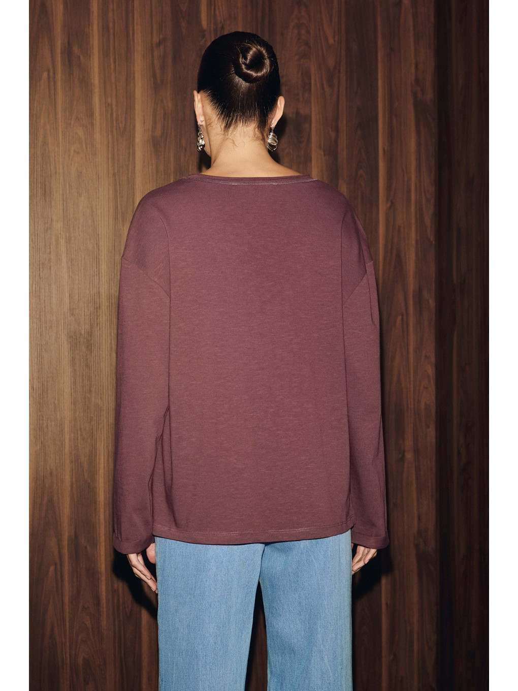 Basıl V Kadın Oversize Uzun Kollu Ve V Yakalı Mürdüm Bluz-3