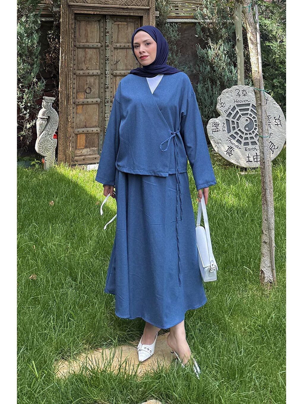 Bağlama Detaylı Etekli Takım İndigo