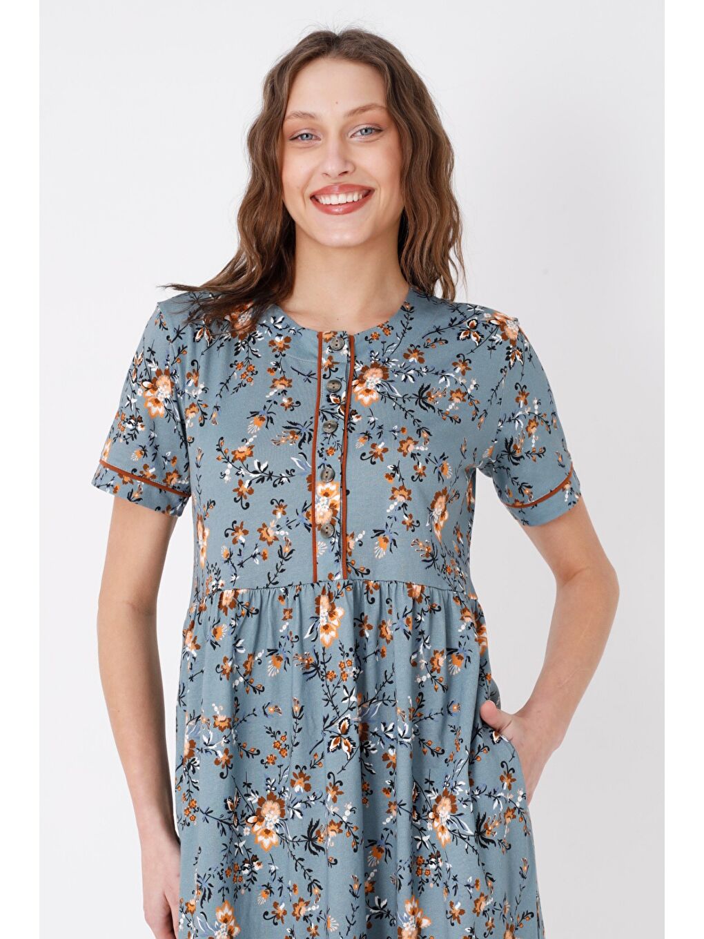 Mavi Desenli Biyeli Cepli Düğmeli Kısa Kollu Pamuklu Elbise-2