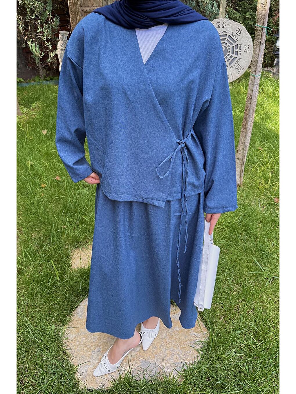 Bağlama Detaylı Etekli Takım İndigo-2