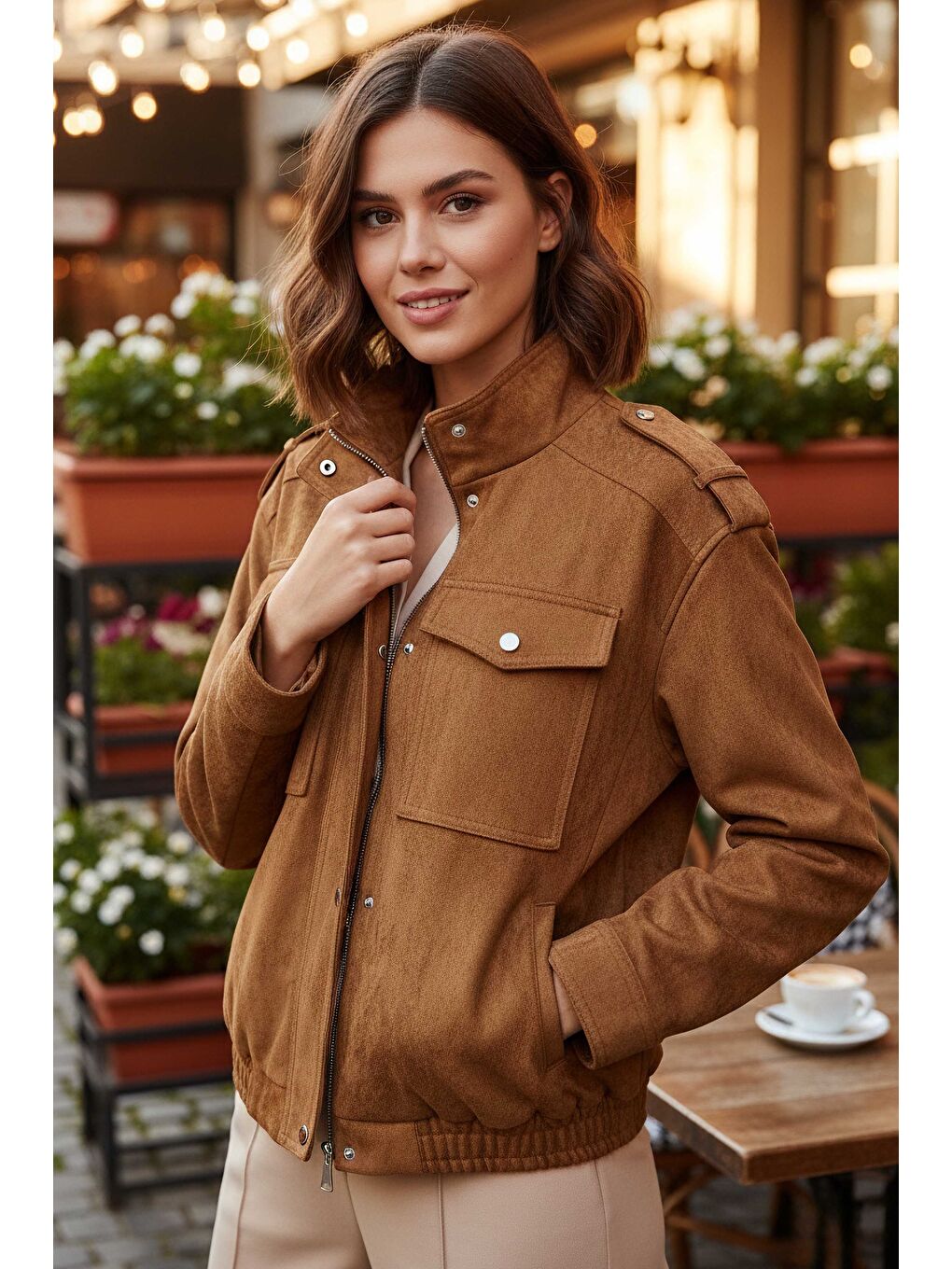 Kahverengi Çift Cepli Beli Lastikli Süet Ceket Taba - 28091-TABA